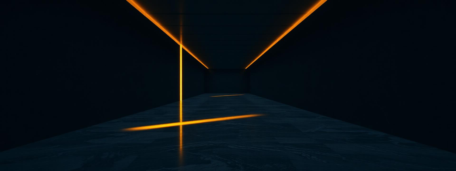 A vast obsidian corridor cut by a single beam of warm gold light